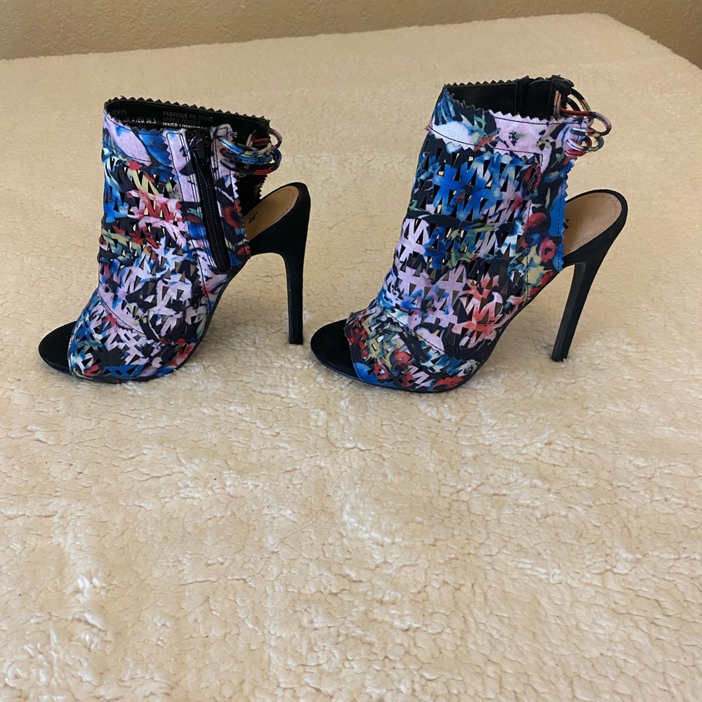 Beautiful multicolored, blue pink and black open toe heels.  Size 6.  NWOT